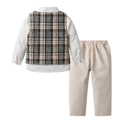 Boys Suit 4 Piece Plaid Vest Shirt Elastic Waist Pants Set with Bowtie 1-8Y2