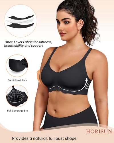 Image of HORISUN Wireless T Shirt Bra Seamless Push Up Bralette Full Coverage V Neck Comfortable Bras for Women