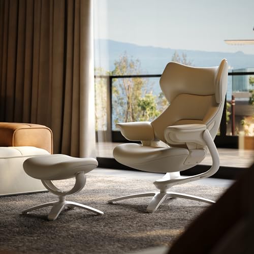 Image of TOMU Genuine Leather Reclining Swivel Chair with Adjustable Headrest and Ottoman for Living Room, Executive Office, Bedroom and Study. Real Leather Luxury Lounge Chair for Reading and Relax(White)
