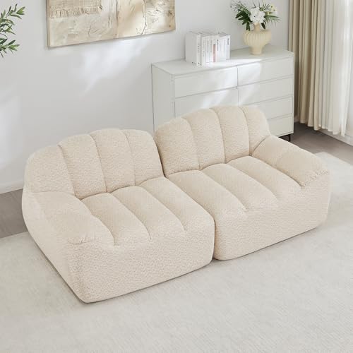 NADEUSAK Sofá modular de 2 plazas, sin desnudos, forma de concha, cojín profundo para el salón y el apartamento, no requiere montaje, beige y blanco