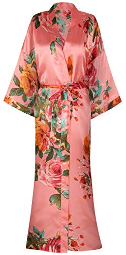 Image of goodmansam Women's Long Floral Satin Kimono Robes Bridal Dressing Gown Wedding Bridesmaid Nightgown