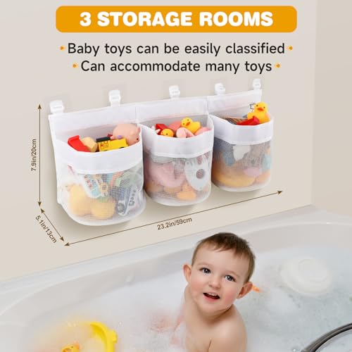 BYZBR 2 Pack Bath Toy Storage Bag, Mesh Organizer Net, White, 23.6 x 7.8 x 4.7 inches, Hook and Loop Closure, Ideal for Bathroom Organizer