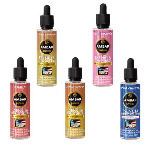 Ambar Perfums Juego 5 Esencias Hidrosolubles De 50 Ml, Bienestar Natural. Tamaño Xl. Tecnología Fusión Para Humidificador. Aromas Aire Limpio, Nag Champa, Pomelo, Canela-Vainilla, Canela-Naranja