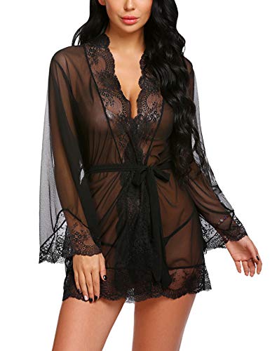 Avidlove Women Lace Kimono Robe Babydoll Sexy Lingerie Mesh Chemise Nightgown Cover Up #TOP3