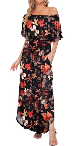 Image of AUSELILY Womens Off Shoulder Ruffle Split Summer Maxi Dresses with Pockets | Off-shoulder Ruffle dress with empire waist & side split for summer beach and casual parties