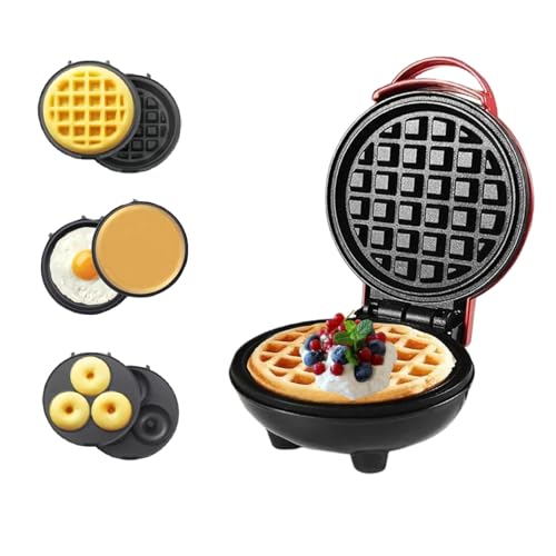 Lifeeverkeep 3 in 1 Mini Waffle Maker with Removable Plates-Waffles,Donuts,Pancakes all in Multimaker -Nonstick Surface for Easy Cleaning - Great Holiday Gift(Red)