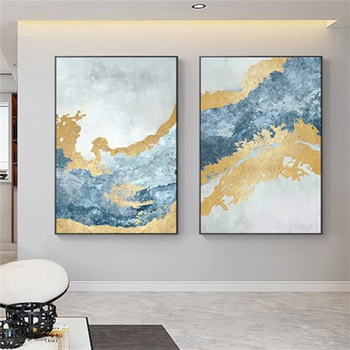 Cielo marino azul y blanco en lienzos abstractos con láminas doradas