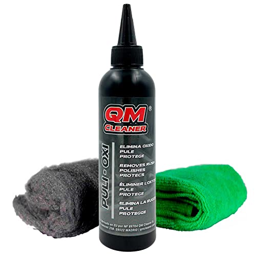 QM Cleaner Kit Puli-Oxi | Pulimento de metales, Eliminador de manchas de Óxido y Limpiador de Cromados - Incluye además Lana de Acero 000 + Paño de Microfibra