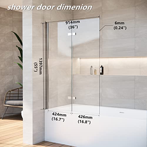 36 * 55 Inch Bathtub Shower Door,Bathroom Door with Bottom Seal,Liftable and Foldable Glass Door,Rectangular Bathtub Screen,Installed on Left and Right Sides - Thumbnail 2