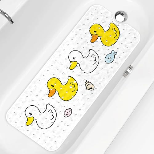 Image of PRATIQUE Kids Bath Mat for Tub Non Slip,40 X 16 Inch Extra Long Kids Bathtub Mat Duck Bathtub Shower Mat Safety Anti Slip with Suction Cups and Drain Holes, Machine Washable