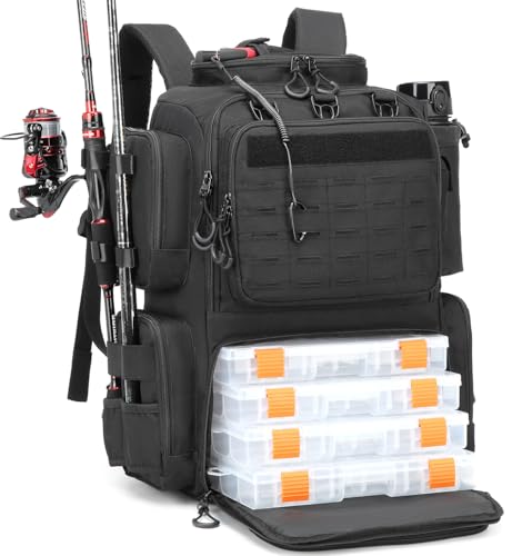 BlesMaller Sac à dos de pêche de 50 l avec 4 boîtes et supports de cannes à pêche, imperméable, pour équipement de pêche