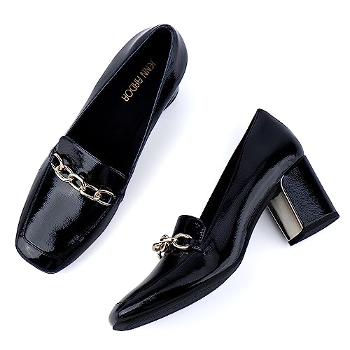 JENN ARDOR Heeled Loafers for Women Block Heel Loafers Comfortable Square Toe Chunky Pumps for Women Work Heels Office Shoes Ladies Professional Classy Dressy Shoes with Chain