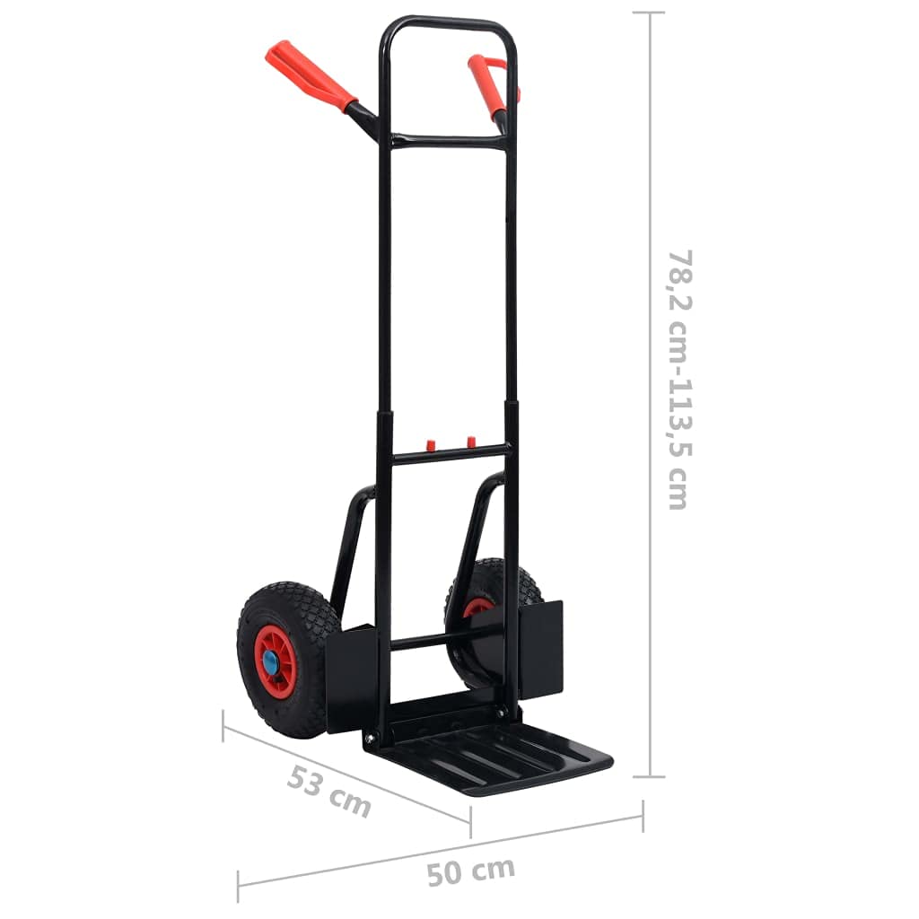 Carretilla telescópica plegable de acero, 200 kg, color negro y rojo, carro de transporte con neumáticos de aire de 25 cm, carretilla de mano para mudanzas, almacenes, taller, garaje, obras