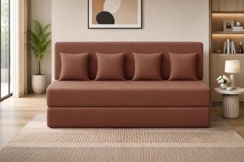 Image of Los Angeles Foldable Four Seater Sofa Cum Bed, Sofa Bed 6 X 6 Feet Jute Fabric Washable Cover Including Four Cushion Perfect for Living Room & Office, Bedroom - Brown Color