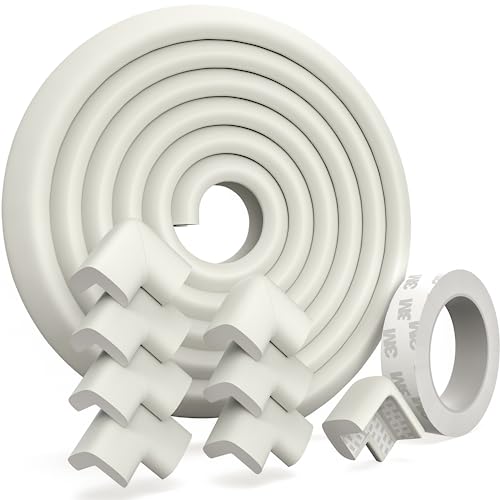 HOMYBABY® 8 Protectores Esquinas Bebes + 6 Metros Bordes Blanco Roto - Esquineras Protectoras - Protege Cubre Esquinas - Protector Bordes Mesa - Cantoneras Esquinas Muebles - Seguridad hogar