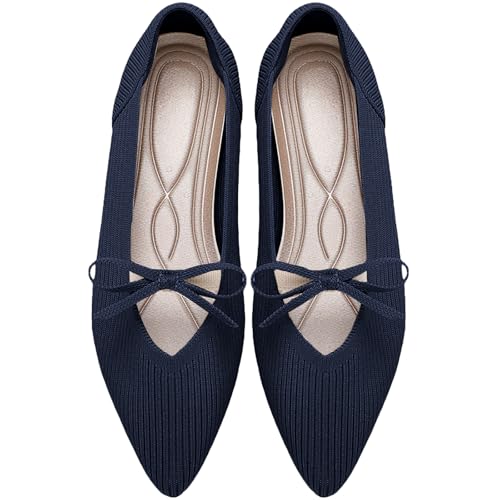 Image of TINGRISE Women's Pointed Toe Flats Comfortable Knit Ballet Shoes Washable Dressy with Bow Business Casual Work Shoes