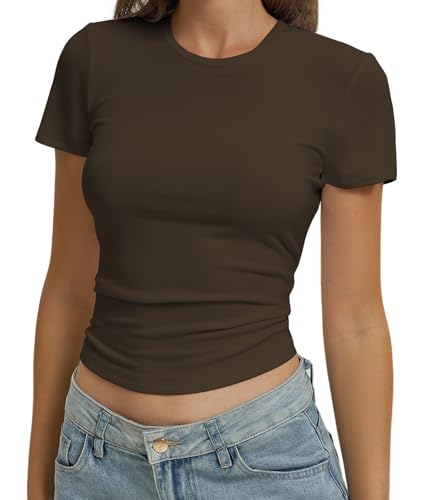 Women Casual Basic T Shirts Top Y2k Crop Tops Trendy Tight Tshirts Tee Slim Fit Clothes - image 1