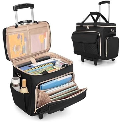 LUXJA Rolling Teacher Bag with Laptop Compartment and Detachable Dolly, Multifunctional Rolling Briefcase with Accordion File Area (Patent Pending), Black Cover