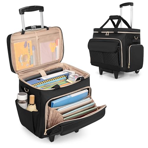 Image of LUXJA Rolling Teacher Bag with Wheels and 15.6 inch Laptop Compartment, Black | Rolling Briefcase for Women with Accordion File Area, Teacher Tote Bag for Work with Detachable Dolly and Shoulder Strap