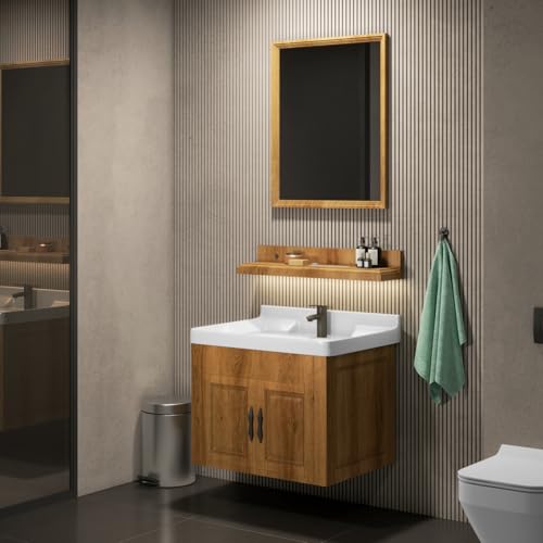 Image of WASSMIST Bathroom Vanity Washbasin Cabinet with Mirror & Shelf | Wall Mounted Wash Basin with Cabinet Full Set | Waterproof & Unbreakable (Brown)