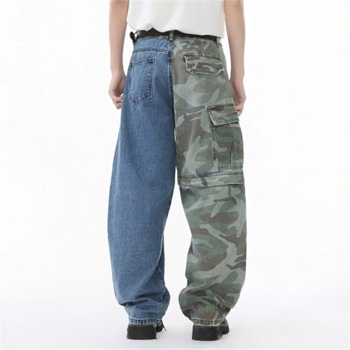Men Jeans Niche Personalized Camo1 Splicing Two Color Multi Pockets Loose High Street Denim Pants4