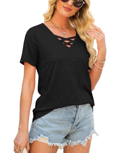 Womens Tops Short Sleeve V Neck Shirts Loose Casual Blouses Summer Tees Criss Cross2