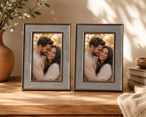Image of 4x6 Inch Photo Frame Set of 2 - Acrylic Front Table Top Photo Frames with Stand, Dual Orientation Portrait & Landscape Display for Home Office Decor (grey wood)