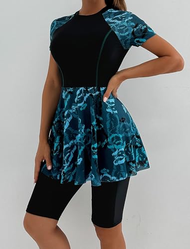 FYMNSI Women Split Two-Piece Swimsuit Breathable Mesh Short Sleeve Floral Print Swim Dress with Boyshorts Modest Bathing Suit4