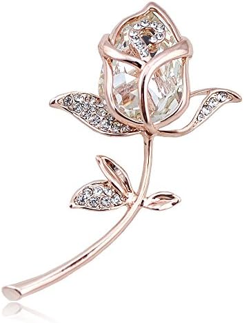 Grtdrm Created Rhinestone Crystal Brooch, Classy Rose Flower Fashion Pin Gift for Women Girls (Rose Gold-White)