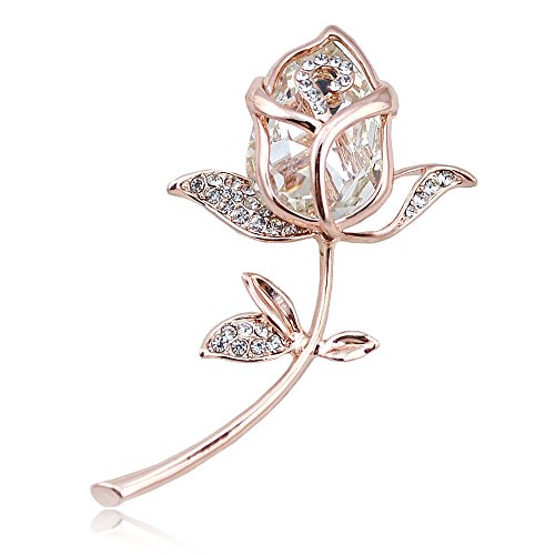 Grtdrm Created Rhinestone Crystal Brooch, Classy Rose Flower Fashion Pin Gift for Women Girls (Rose Gold-White)