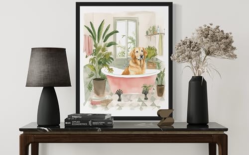 Image of Golden Retriever in Bathtub Black Framed Wall Art Poster Print, Animal Bathtub Restroom Wall Art Painting for Bathroom Decor Gallery Gallery 30 (Golden Retriever in Bathtub, 10 inchL x 8 inchW, Black Frame)