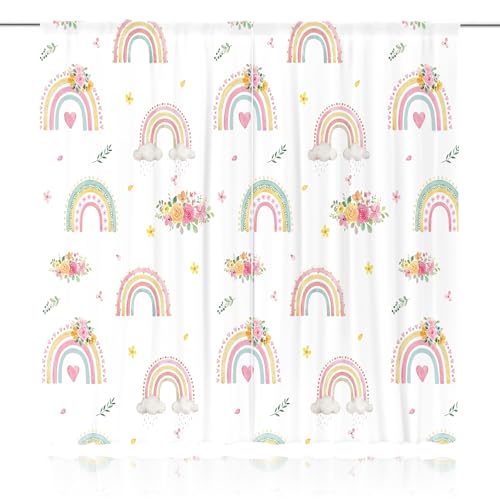 Meshelly MES-ZLSFXJ-76538 Boho Rainbow Pink Floral Curtains 42Wx63H Inch Rod Pocket Girls Kids Watercolor Flower Cute Cartoon Colorful Bedroom Window Drapes Aesthetic Living Room Window Treatment Fabric 2 Panels thumb #1