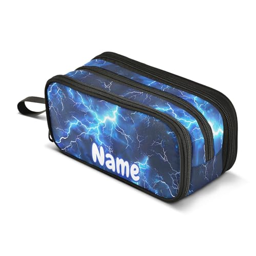 Image of Custom Blue Electric Lightning Pencil Case Box Boys Girls Personalized Name Large Pencil Pouch Stationery Pen Bag Organizer for Kids Adults School Office