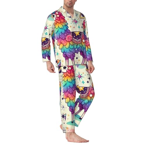 Mens Long Sleeves Pajama Set Space Rainbow Llamacorn Cozy Two-Piece Loungewear For Nighttime Comfort,Casual Wear3