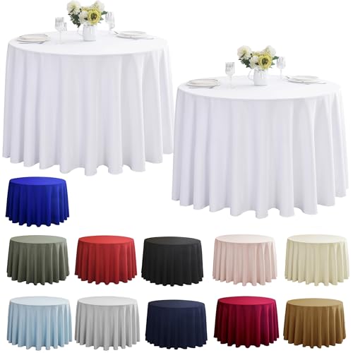 Image of 2-Pack Round 120-inch White Table Cloths, Solid Stain and Wrinkle Resistant Circular Tablecloth, Premium Plain Weave Polyester Fabric Table Linen Covers for Hotel, Banquet