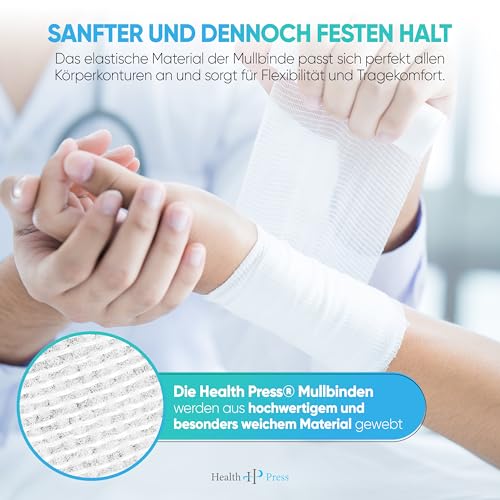 Health Press Mullbinden – Verbandsmaterial (8cm x 4m) 20 Rollen – Elastischer Binden Verband – Medizinprodukt – Dermatologisch getestete Fixierbinde – Bandage Ideal für Erste Hilfe & Wundversorgung