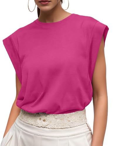 Image of GRECERELLE Womens Cotton T-Shirt Summer Short Sleeve Pleated Fashion Elegant T-Shirt for UK Ladies Party Beach (Hot Pink, L)