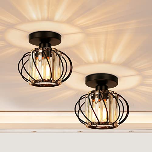 Image of Black Crystal Ceiling Light Fixture - Crystal Chandelier Small Semi Flush Mount Ceiling Light Modern Lights Ceiling mount for Hallway Kitchen Entryway Bedroom Bathroom (2 Pack, 7.48 Inch)