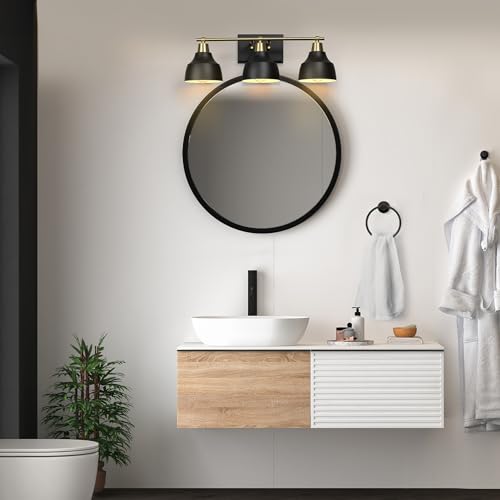 Image of Globe Electric 63000204 5-Piece All-in-One Bathroom Accessory Set, 3-Light Vanity Light, Matte Black & Brass, Towel Bar, Robe Hook, Toilet Paper Holder, Towel Ring, Bath, Bathroom Lights Over Mirror