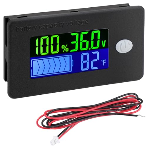 Drok 36v Lithium Golf Cart Battery Meter - LCD Display Lithium Battery Monitor 10-100v, Car Voltage Meter and Temperature Gauge