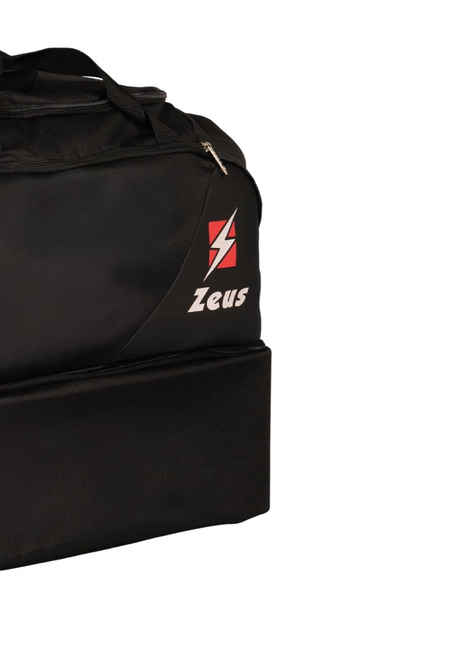 Borsa Voluntas per Zeus Sport Materiale Sportivo Relax Allenamento Fitness Palestra Borsone Borse Borsoni Tascone Frontale Laterale Calcio Calcetto Fondo Rigido (Nero/Nero, H 43 x L 54 x P 30 cm)