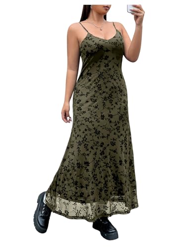 Floerns Women's Plus Size Sleeveless Floral Print Contrast Mesh Cami Long Dress