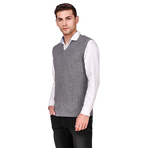Image of Men's Wool Blend V-Neck Self Design Solid Sleeveless Sweater Grey