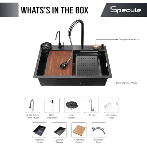 Image of Kitchen Sink 24x18x9 inch Waterfall Sink with Anti Scratch Honeycomb Design | Integrated Waterfall and Pull-down Faucet Set | Stainless Steel Basin Sinks with Cup washer and Drain Baskets