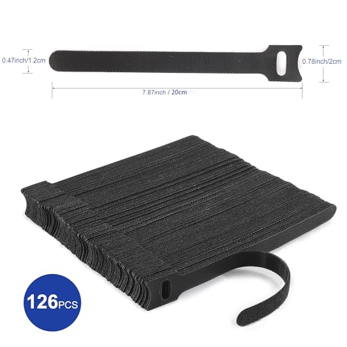 Image of Nettbe Reusable Cable Ties, 126 PCS 8 Inches Adjustable Cord Straps Wire Organizer Cord Wrap and Hook Loop Cable Management