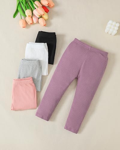 5 Pack Baby Girl Pants: Infant Solid Ribbed Pants Soft Cotton Pull On Leggings for Toddler 0-48 Months2