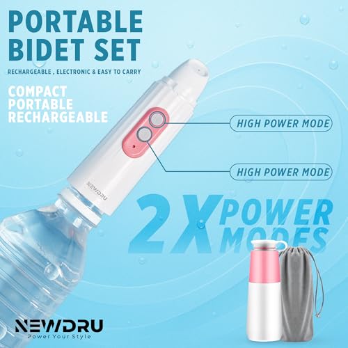 Image of NEWDRU Portable Jet Spray - USB Rechargeable Electric Travel Bidet with 270ml Bottle, Hygiene Sprayer for Men, Women, Baby & Postpartum | Compact, Adjustable, IPX7 Waterproof, CleanStream Pro (Pink)
