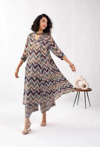 Image of Toochki Women's Multi Color Zig Zag Printed Rayon Stitched Co-Ord Set | Relaxed Fit for Women | Two Piece Set Top & Plazzo | 3 /4 Sleeve Cord Dress for Women | Fashionable