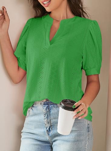 Image of Dokotoo Womens Blouses V Neck Puff Short Sleeve Business Casual Tops