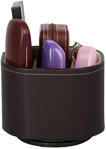 Leather and Wood 360 Degrees Rotatable Organizer,5 compartments/Spinning Remote Control Organizer/Controller Tv Guide Mail /Cd Organizer /Holder,brown
